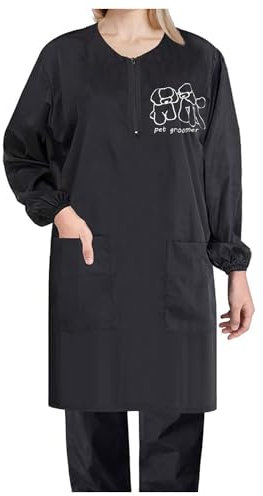 EHERDM Waterproof Pet Grooming Smock with Zipper Long Sleeves Pet Grooming Work Clothes with Two Pockets Dog Cosmetologist Uniforms Smocks for Women Men Poodle M