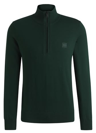 BOSS Mens Zip Neck Sweater Long Sleeve Cotton Open Green M