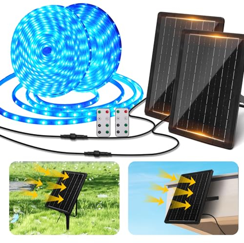 Aigostar Tira LED Solar Exterior 10M con Control Remoto 2 Pcs,100W 300 LEDs RGB Tira LED Exterior Impermeable IP65,Kit de Instalacion para Placa Solar,Jardín,Patio,Camino,Fiesta,Escalera