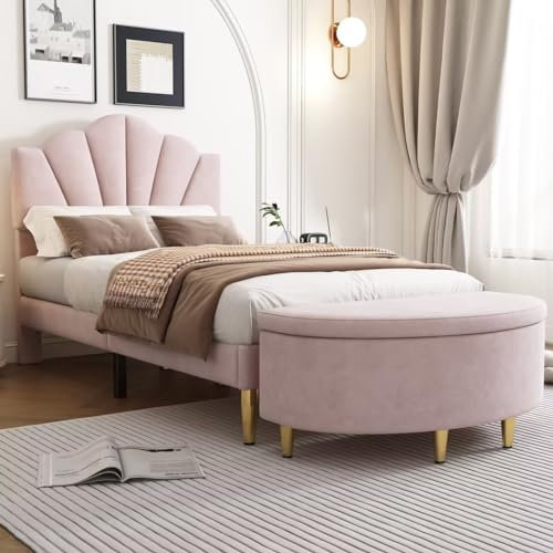BTM Single Bed Frame with Storage, 3FT(90 * 190cm) Single Bed Frame with Ottoman Bench, Shell-like Wooden Slatted Velvet Bed with Adjustable Headboard & Bench Storage Space (90x40x42cm), Pink