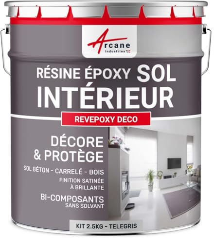 ARCANE INDUSTRIES Peinture sol, résine epoxy, peinture pour sol, salon, cuisine, salle de bains, effet miroir : Revepoxy deco - 2.5 kg (jusqu'à 12.5 m² en 2 couches) Telegris 4 - RAL 7047