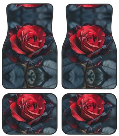 Lot de 4 tapis de sol universels pour SUV, camions et voitures Motif rose rouge et noir