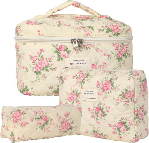 Lot de 3 Trousse de Toilette Femme Voyage en Coton, Floral Trousse de Maquillage, Pochette de Rangement Makeup Bag Grand Capacité, Trousse de Beauté Trousse Matelassée Cosmétique pour Femme Fille