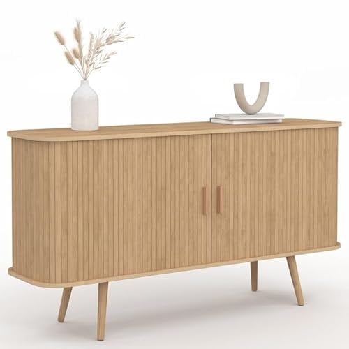 IDMarket - Aparador de 140 cm Romie 2 puertas correderas, listones de madera, color roble