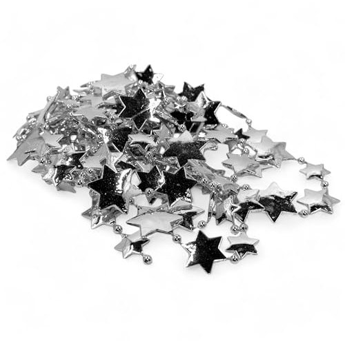 MIJOMA Perlengirlande – Elegante Perlenband, Perlenkette & Dekorative Perlenschnur | Stilvolle Tischdekoration, Weihnachten, Advent, Hochzeit | 8mm Deko-Perlen, 2,7 Meter (Silber Sterne)