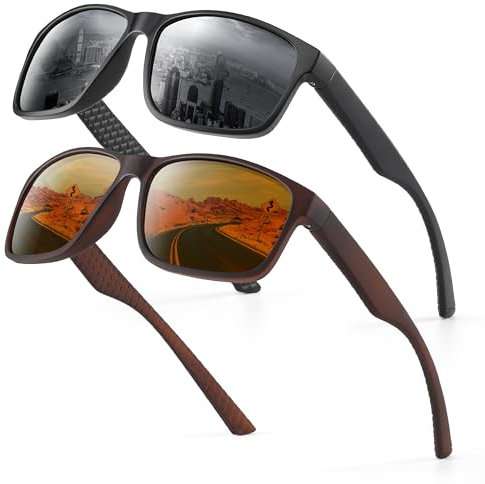 2er-Pack Sonnenbrille Herren Polarisiert Damen UV400 Schutz Sport Sunglasses Men Women Unisex Ultraleichte Rechteckig Rahmen Schwarz Polarisierte Sonnenbrillen für Angeln, Fishing, Fahren, Ski 4