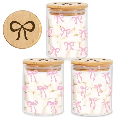 FYSUIMU 3Pcs Trendy Pink Bow Glass Storage Jars with Airtight Lid Cute Bow Knot Decorative Canisters Sets for Coquette Home Kitchen Countertop