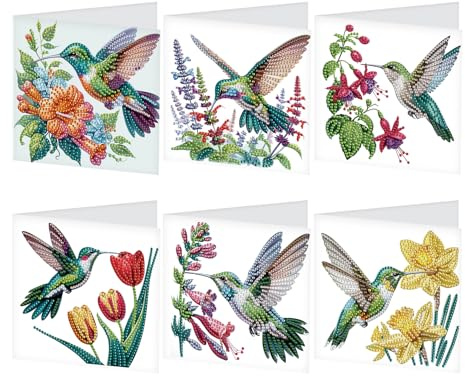 JISHSHAY 6 Pack Diamond Painting Grußkarten Kolibri Diamant Painting Glückwunschkarten Vögel Basteln Erwachsene Geburtstagskarten Mosaik Bastelset Erwachsene Crystal Art Dankeskarten mit Umschlag