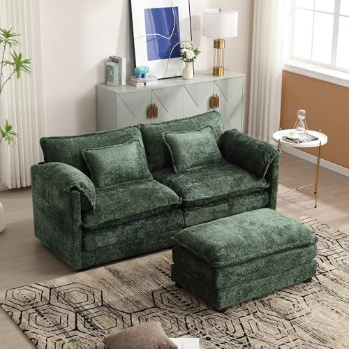 LIFEISLE Modulares Sofa 2-Sitzer mit Fußstütze, L-fömig Couch mit Kissen und Seitlichen Beutel, Modernes Sofa mit Verdicktes Doppellagiges Sitzkissen, geeignet für Wohnzimmer, Chenille Grün