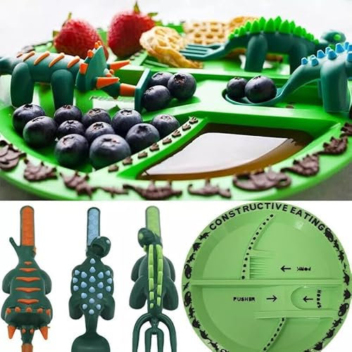 Niños Cubiertos Tenedor Cuchara Pala Set Constructiva Comer Utensilio Vajilla ((Verde) Juego Plato+Tenedor Cuchara)