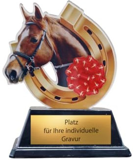 EBERiX · Reitsport Pokal · Wunschgravur inklusive · Trophäe mit Pferdekopf & Hufeisen aus Acryl auf schwarzem Sockel · 10 cm leicht & stabil · personalisierbar