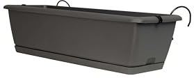 Planters Pride Ovaho 2-Pack of 60cm Hanging Plastic Troughs, Stone Grey | 26L Railing Planters with Hooks & Water Reserve | Self-Watering Fence Pots with Removable Saucer | Over-Fence Balcony Planters