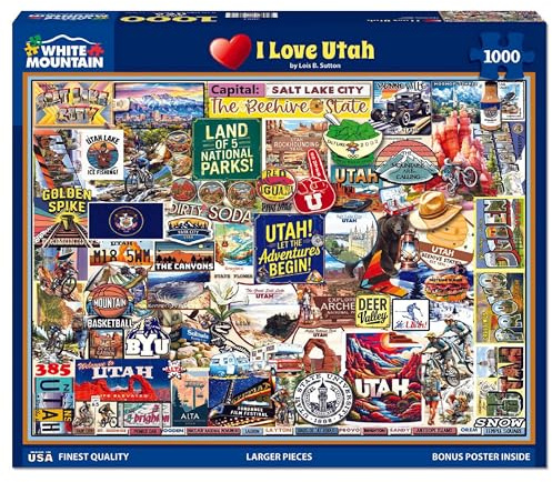 White Mountain 1000 Piece Jigsaw Puzzle Beehive State Collage, I Love Utah | Large Pieces, Gift for Adults and Family, 24x30 in
