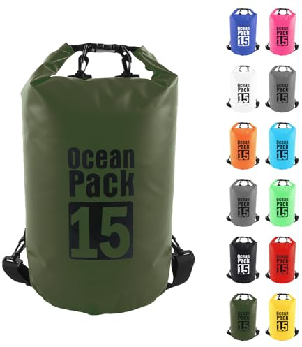 15L Sac étanche Polyvalent Vert Sauge, 2L/5L/10L/15L/20L/30L Waterproof Dry Bag avec Longue Bandoulière Réglable Sac à Dos Confort Imperméable pour Bateau/Kayak/Rafting/Natation/Camping/Snowboard
