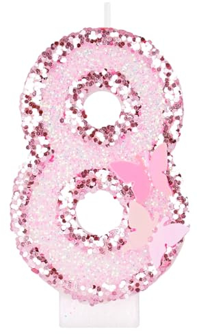 Alaoo Geburtstagskerzen Zahlen 8, Rosa Schmetterling Zahl Kerzen für Kuchen | 3D Schmetterling Geburtstagskerzen,Kuchen Topper Dekoration Kuchendeko Geburtstag,Geburtstagskerzen für Geburtstagsdeko