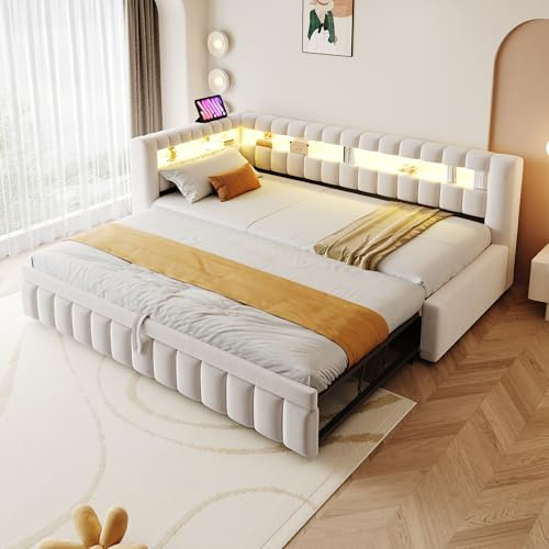 Kebnor Polsterbett Ausziehbares Schlafsofa 90 * 200 cm, Mit LED-Beleuchtung, Geräumigem Kopfteil und Rückenlehne, Klassischem Streifenmuster, USB-Ladeanschluss, Ausziehbarem Bett, Samtstoff (Beige)