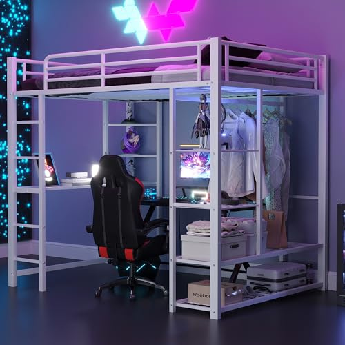 Merax Kinderbett Hochbett,Metall,140x200 cm, mit Schreibtisch,mehrere Regalen,einfach Kleiderschrank-Design,Leiter, Stabiler Metallrahmen, für Kinder und Jugendliche, Ohne Matratze,Weiß