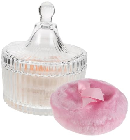 PLAFOPE Körperpuderquaste für Damen mit Glasdose und Plüsch in Beige und Rosa Wiederverwendbarer Puderpuff mit Schleifenform für Präzise Pflege und Aufbewahrung