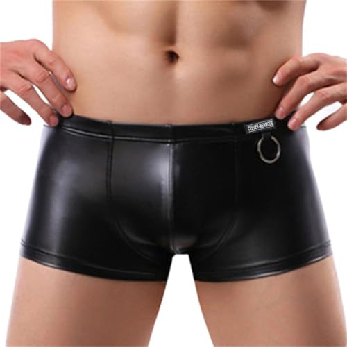 PARUPRUP Herren Sexy Leder Unterhosen Wetlook PU Boxershorts Metallring String Tanga Bulge Push-up Slip Low Rise T-Back G-String Latex Hot Thong Atmungsaktiv Elastisch Briefs Männer Glänzende Clubwear