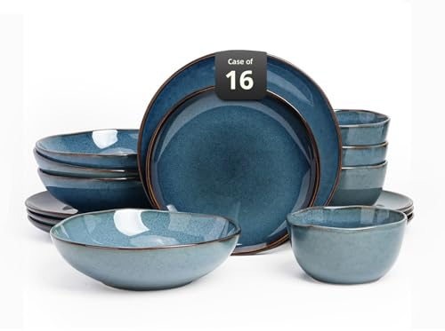Home VSS Highland Service de table 16 pièces pour 4 personnes, double bol, assiettes et bols en grès résistant aux rayures, passe au micro-ondes et au lave-vaisselle - Vernis naturel réactif - Bleu