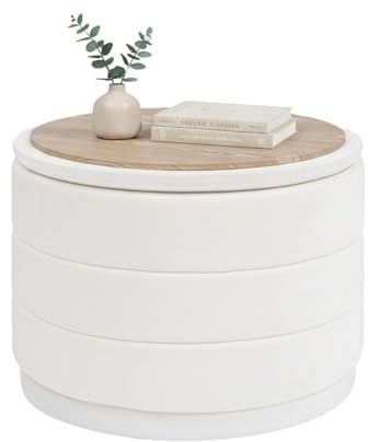 Bonlife Runde Ottomane mit Deckel, Klappbare Fußstütze mit Tisch, Fußstütze, Fußhocker für Wohnzimmer, Schlafzimmer, Flur, Creme Samt,58x58x44cm