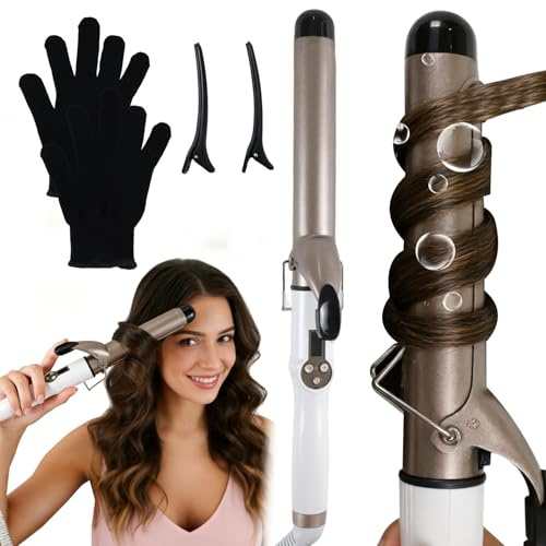 32mm Large Curling Iron, Curling Tongs Dual Voltage Adjustable Temperature Long-Lasting Results with Glove, Hair Curler for Long & Medium Hair