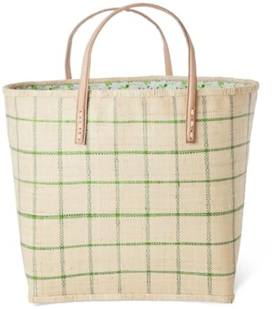 Rice Raffia Shopper Einkaufstasche, Grünes Karomuster, Handgefertigt, Natürliches Raffia Material, mit Reißverschlusstasche