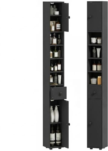 kleankin Badezimmerschrank schmal für kleine Räume 20 x 20 x 180 cm Schwarz | Hochschrank Toilettenschrank, Schublade, Verstellbar Ablage, 4 offenen Fächern, Badezimmer