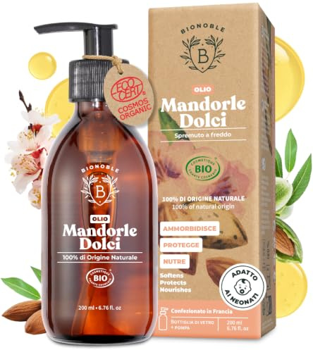 BIONOBLE Organic Sweet Almond Oil for Skin, Hair, Baby, Nails, Ears - 200ml | 100% Pure, Cold Pressed, Dermatologically Tested - Almond Oil for Massage, Pregnancy - Vegan Carrier Oil - Glass Bottle, Pump