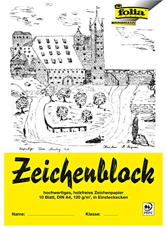 folia 8104 - Zeichenblock mit Leinenecken 120 g/m², DIN A4, 10 Bogen, weiß, hochwertiges, holzfreies Zeichenpapier