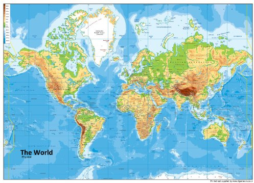 Physical Map of The World - Size A1-59.4 x 84.1cm - Paper Laminated | Detailed Laminated Wall Map, Ideal For Home, Office Or Classroom Display.