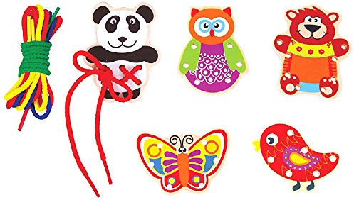 Lelin Motorikspielzeuge, Fädelspielzeug, Fädel-Freunde aus Holz, 5er Set