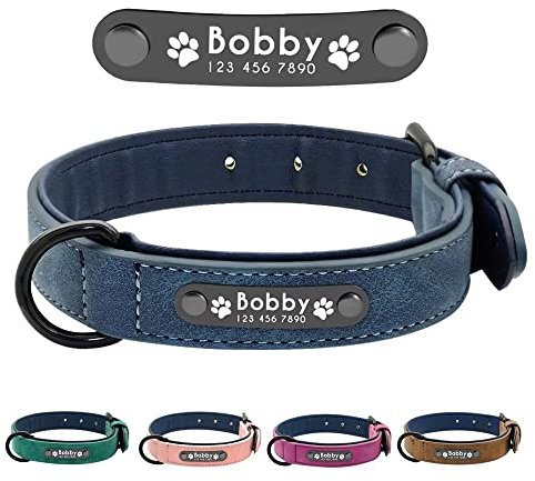 Didog Soft PU Leather Padded Custom Dog Collar with Personalized Nameplate and D Ring, Engraved Dog Collars for Small Medium Large Dogs,Blue,M