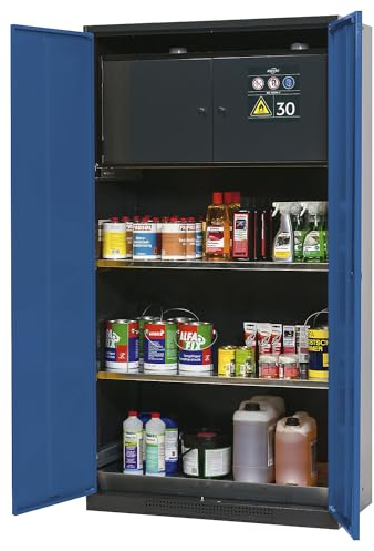 asecos | Chemikalienschrank | Tür geschlossen | mit Gefahrstoffbox Typ 30 | enzianblau