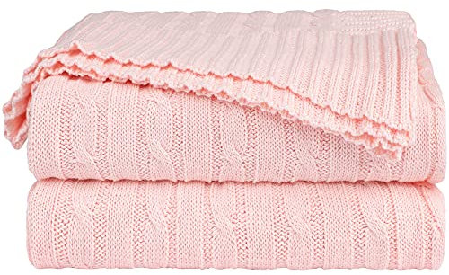 sourcing map Cotton Cable Knit Throw Blanket Soft Throw Couch Covers Decors Knitted Blankets for Sofa Bed, Pink Throw(47 x 70)