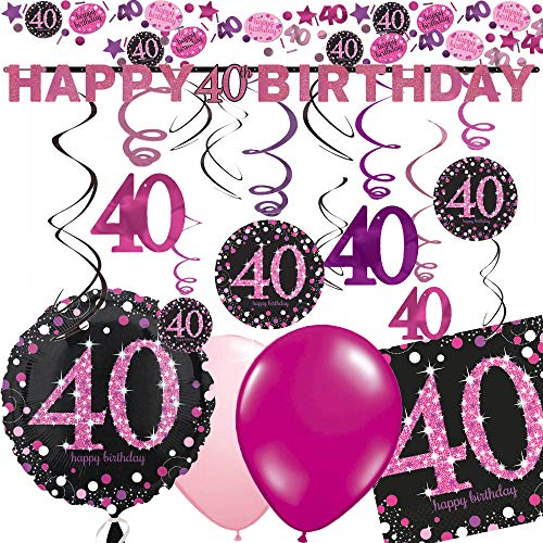 40. Geburtstag mit Deko-Set * Sparkling PINK * | 43 Teile mit Folienballon + Girlande + Deckendeko + Servietten + Konfetti + Luftballons | Vierzig Dekoration Party Set Pink Magenta Schwarz