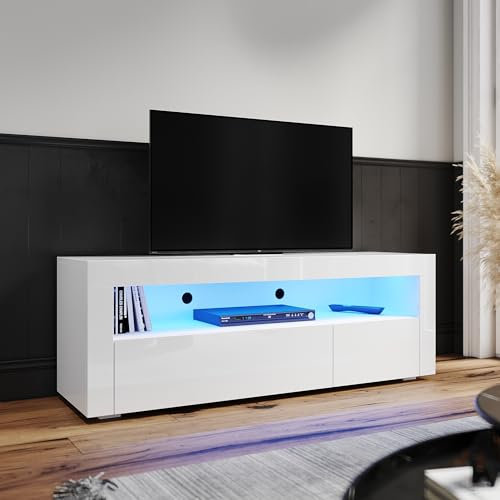 ELEGANT 1200mm Modern High gloss White TV Stand Cabinet with Ambient Light for 22-47 Flat Screen 4k TVs LED Light TV Cabinet with Shelves and Drawers for Living Room Bedroom Furniture