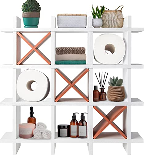 Comfify Rustikaler Tic-Tac-Toe Toilettenpapierhalter für Badezimmer – Rustikale Aufbewahrungsregale für Toilettenpapier in abgenutztem Weiß – freistehende oder wandmontierte Badregale für Ihr