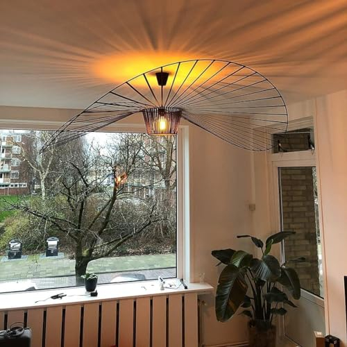 Vertigo Lampe 100cm Schwarz, Hängelampe Hängeleuchte Kronleuchter Wohnzimmer Pendelleuchte Chandelier Modern Vintage Lustre Fiberglas+Schwarz Pu Kreative Hut Lampe Retro Wohnzimmerlampe,Noir,100cm