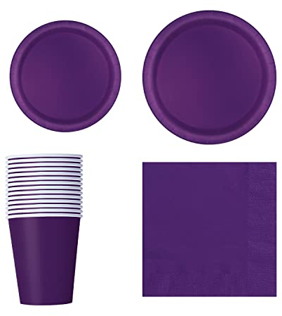 Trimming Shop 70pcs Disposable Party Tableware Set, 7 Round Plates 20pcs, 9 Plates 16pcs, 9oz Cups 14pcs, Napkins 20pcs for BBQs, Weddings, Birthday, Anniversary, Kids Party Supplies, Deep Purple