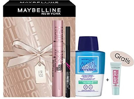 Maybelline New York Augen Make-Up Set mit Sky High Very Black Mascara, Hyper Precise Allday Liner 700 Black, Augen Make-Up Entferner Waterproof und Mini Baby Skin Primer