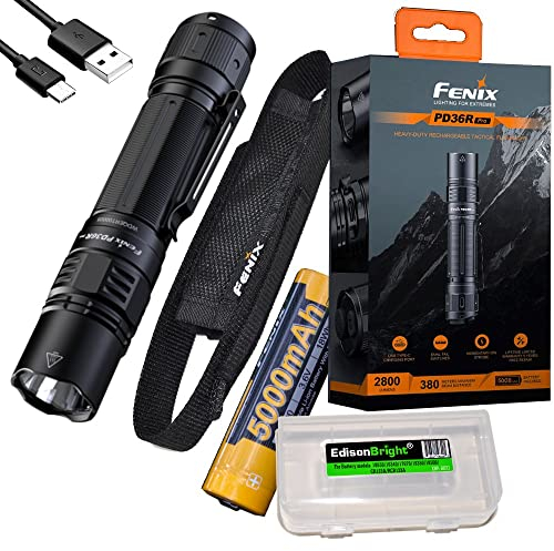 Fenix PD36R Pro - Linterna táctica LED recargable por USB de 2800 lúmenes con cable de carga EdisonBright y funda de transporte