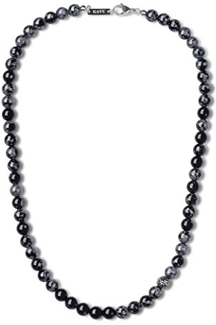 GAVU Collier Obsidienne Flocon de Neige, Fleur de Lis, Acier Inoxydable Homme, 65cm