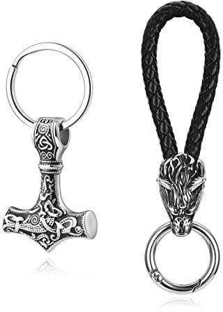 PiercingJak 2pcs Men Norse Thor's Hammer Keychain Genuine Leather Wolf Head Keychain Stainless Steel Nordic Mjolnir Key Rings Celtic Pagan Symbol Key Chain Amulet Jewelry