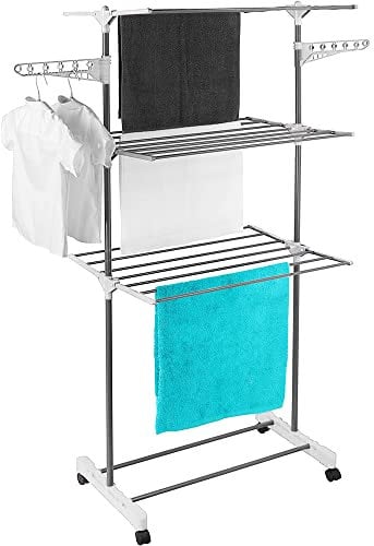 THINFAR Tendedero Secador de Ropa Tendedero Plegable Alas Laterales de 3 Niveles para Uso Interior/Exterior (75 x 44 x 158 cm, Blanco, Gris Galvanizado)