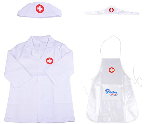 DAJASD Arztkittel Kostüm für Kinder, 4PCS Arzt Set, für Karneval Weihnachten Halloween Verkleidung Rollenspiel Geschenk (Laborkittel, Schürze, Mütze)
