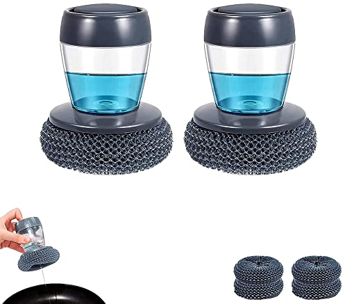 2ud Cepillo con Dispensador de Jabón para la Cocina. Estropajo de Fregado y Limpieza de Utensilios, Vajilla, Ollas, Sartenes. Material PET Antiadherente con 4 Esponjas de Recambio.