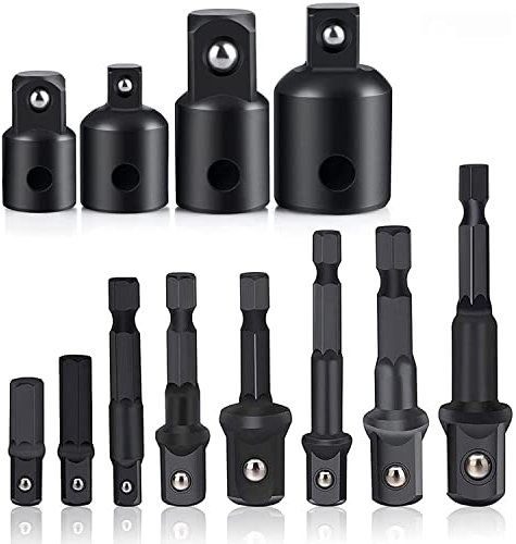 12-Piece Impact Socket Adapter Set, 1/4 Inch Hex Shank Extension Square Driver Drill Bit to Drive 1/4 3/8 1/2 Impact Driver Adapter for Cordless Drill Quick Change Nut Driver Conversions