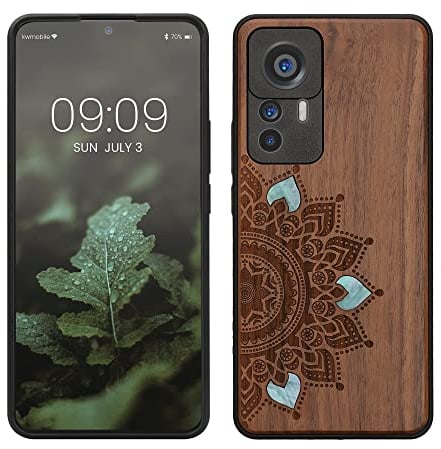 kwmobile Hülle kompatibel mit Xiaomi 12T / 12T Pro Hülle - Holz Case - Handy Cover - TPU Handyhülle in Dunkelbraun Aufgehende Sonne Perlmutt