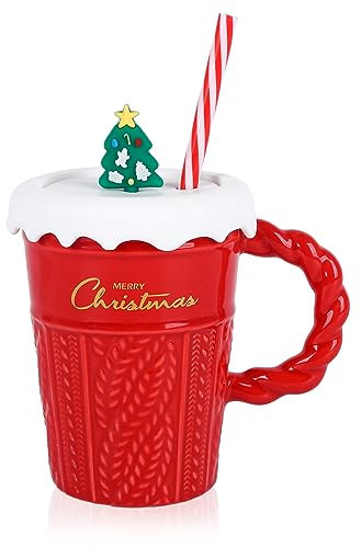 Tasse à Café de Noël 400ml Tasse à café en Céramique Tasse à thé/à lait avec Couvercle et Paille Mignonne Tasse de Couple de Noël pour Anniversaire Filles Noël Garçons Cadeaux (Rouge)